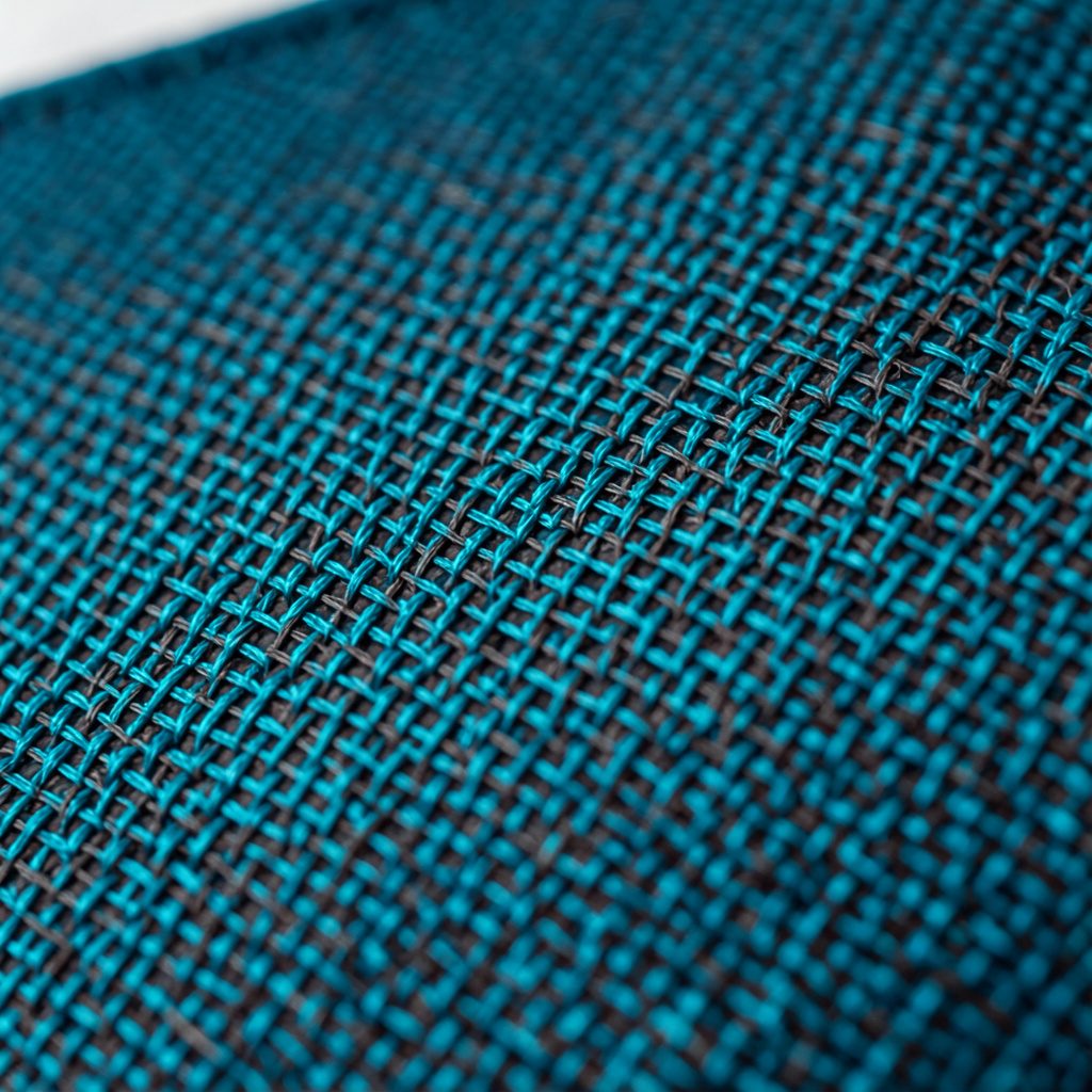 Extreme close-up photograph of ripstop kite canopy fabric, showing the tight weave and crisscross texture in deep teal and charcoal tones