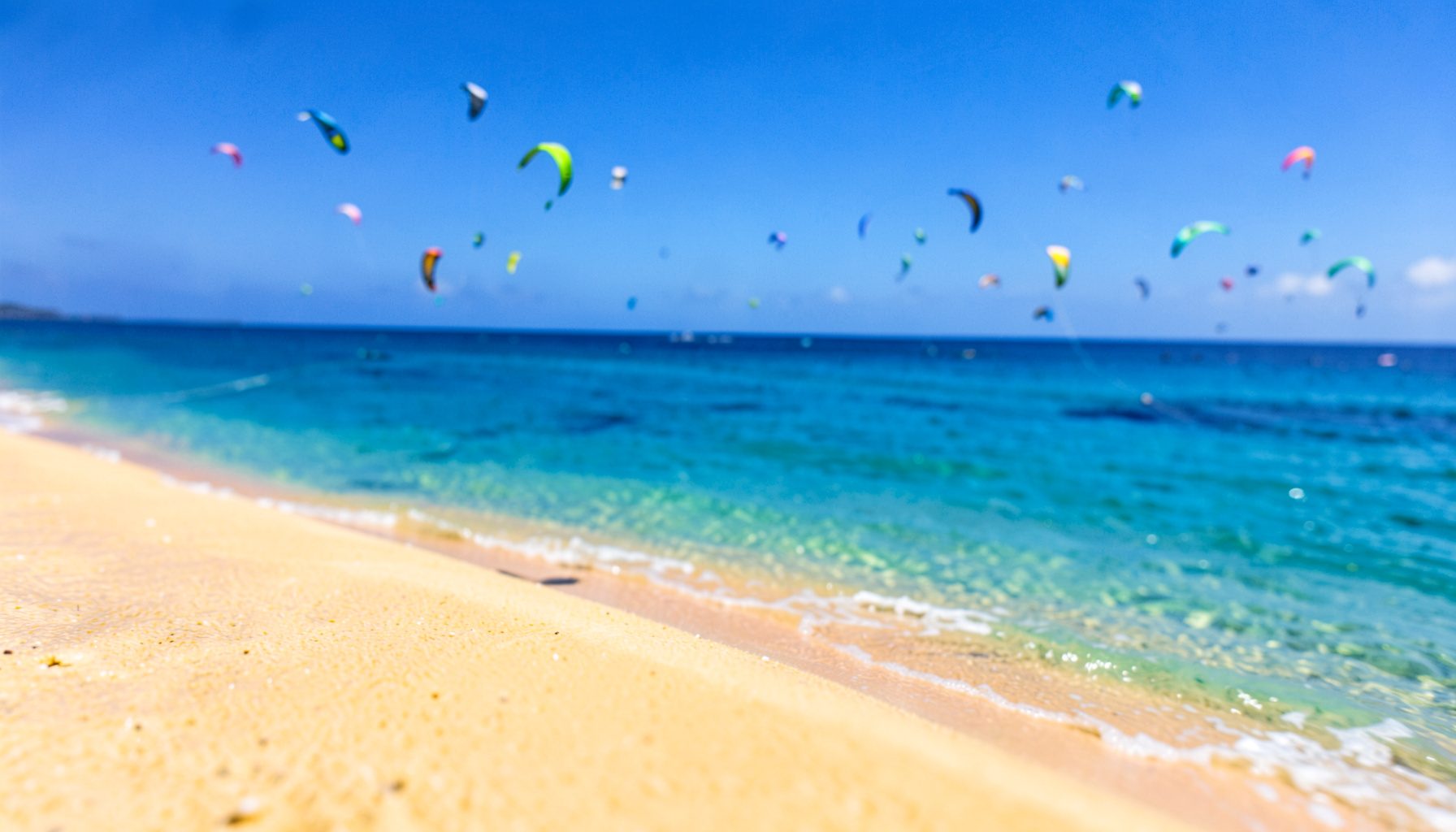 Wide aerial view of a tropical beach with golden sand and turquoise water, scattered kitesurfing kites in bright colors dotting the sky under a clear blue horizon